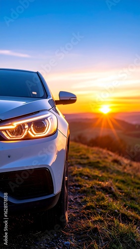 White SUV at sunset over hills