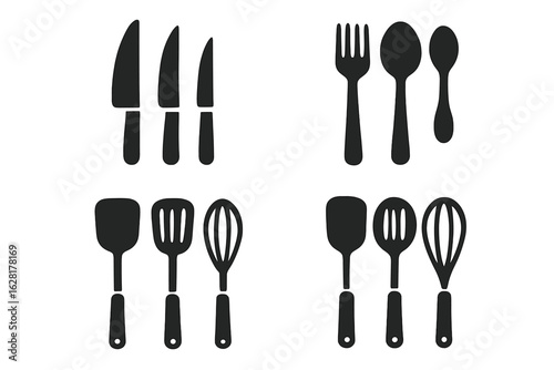 Kitchen utensils cutlery icons set. Black silhouette symbols knives forks spoons spatulas whisks. Cooking culinary chef restaurant kitchenware tools vector collection