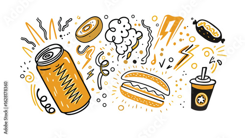 Hand drawn illustration featuring a soda can donut popcorn hotdog sandwich and drink with lightning bolts