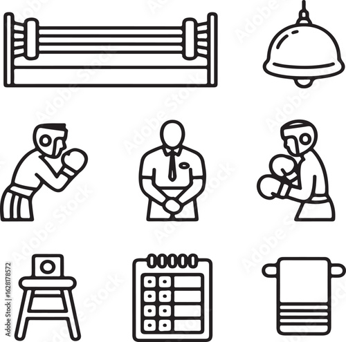 Professional Boxing Match Icon Set Outline Boxing Ring, Round Bell, Referee, Boxer Pose, Corner Stool, Scorecard, and Towe