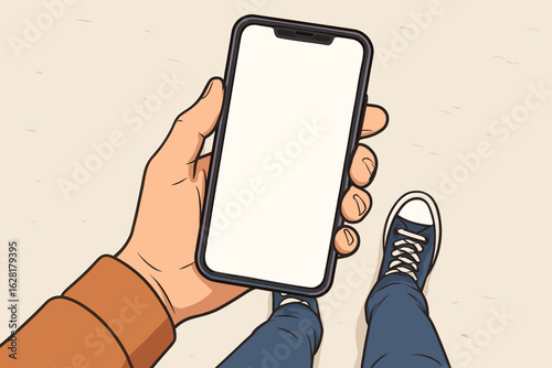 First person POV looking down at smartphone with blank screen. Top view with feet and hand holding mobile phone device. Vector illustration mockup template design