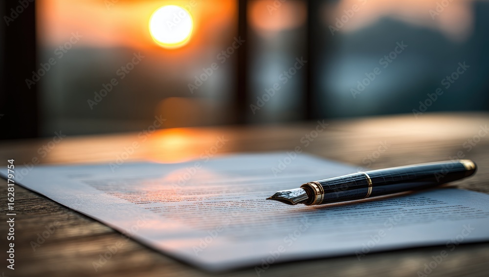 Fototapeta premium Document and pen at sunset