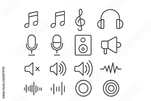 Audio music sound icons collection minimalist line art style. Musical notes headphones microphone speaker treble clef volume sound waves vector graphics design