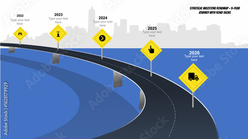 Curved roadmap timeline infographic with yellow road signs – 5-year milestone journey for PowerPoint, business planning, strategic goals, delivery timeline, annual progress path, editable slide vector