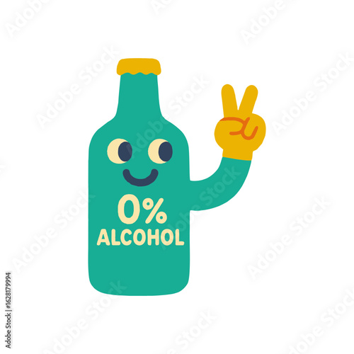 Happy Alcohol-Free Beverage Bottle Making Peace Sign – Naive Flat Cartoon Vector on Transparent Background. World No Alcohol Day