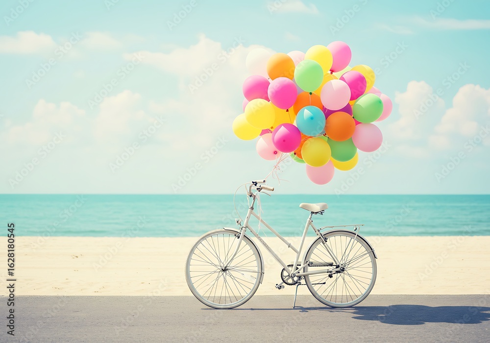 Fototapeta premium White Bicycle with Colorful Balloons on a Beach. Generative Ai