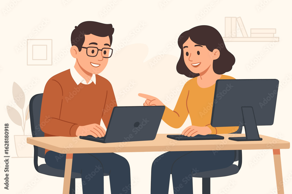 Office work collaboration with man and woman using computers at desk, teamwork in modern workplace, business professionals working together in office setting, vector cartoon illustration Office work collaboration with man and woman using computers at desk, teamwork in modern workplace, business professionals working together in office setting, vector cartoon illustration