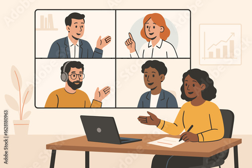 Remote video conference call business meeting online. Virtual team collaboration presentation workshop. Digital communication teamwork from home office workspace vector illustration