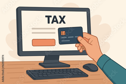 Online tax payment concept hand holding credit card paying taxes on computer screen digital financial service ecommerce banking transaction vector illustration