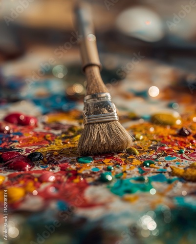 Vibrant Paintbrush on Abstract Textured Surface with Colorful Liquid Drops and Bokeh Highlights