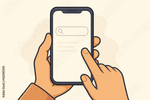 Mobile phone online search vector illustration. Smartphone screen with search bar and hands touching display for internet browsing. Digital UI UX concept design