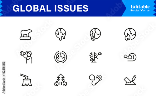 Global Issues Icon Set Featuring Environmental, Social, and Economic Symbols in Vector Style
