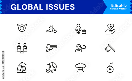 Global Issues Icon Set Featuring Environmental, Social, and Economic Symbols in Vector Style