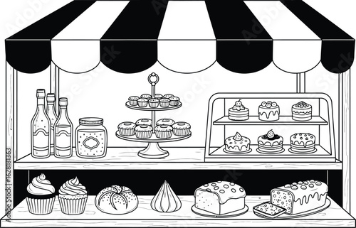Bakery shop illustration with cakes bread and pastries drawing art editable