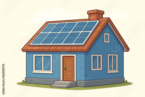 Solar panels on house roof renewable clean energy eco-friendly sustainable green technology home vector illustration cartoon blue residential building