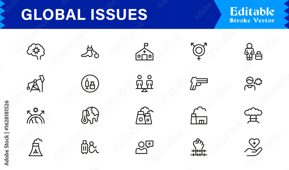 Fototapeta premium Global Issues Icon Set Featuring Environmental, Social, and Economic Symbols in Vector Style