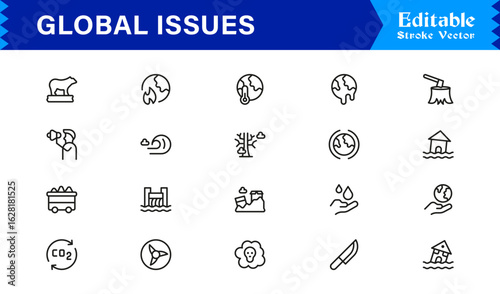 Global Issues Icon Set Featuring Environmental, Social, and Economic Symbols in Vector Style