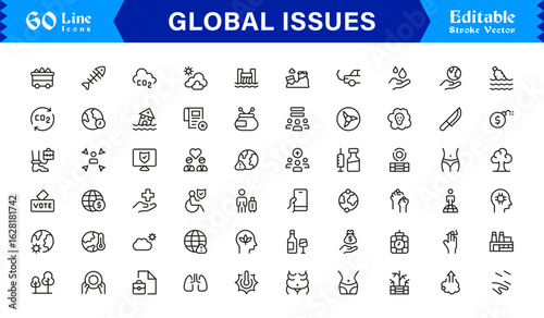 Global Issues Icon Set Featuring Environmental, Social, and Economic Symbols in Vector Style