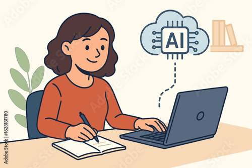 Woman working with AI artificial intelligence assistant technology laptop computer office workspace productivity digital transformation business concept vector illustration