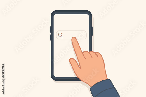 Mobile search engine interface smartphone screen hand finger touching search bar flat design vector illustration digital technology online browsing UI UX
