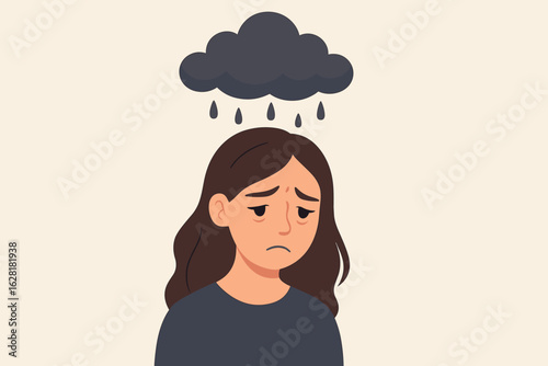 Depression mental health woman sad melancholy dark rain cloud metaphor vector illustration cartoon female psychological stress anxiety lonely concept