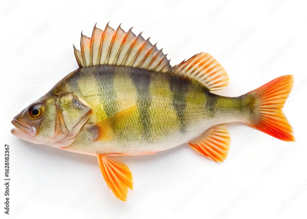 Fototapeta premium A detailed image of a european perch with vibrant fins. white background