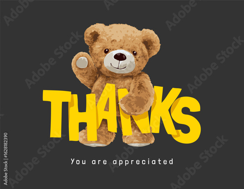 cute bear doll holding thanks slogan vector illustration - created by hand drawn 
