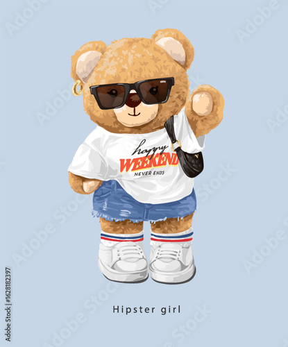 hipster girl slogan with cute girly bear doll in sunglasses and denim skirt vector illustration  - created by hand drawn