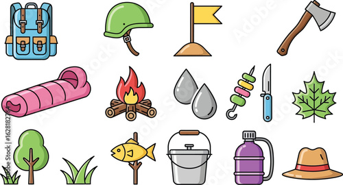 Camping gear vector icons set for outdoor adventure and vacation editable
