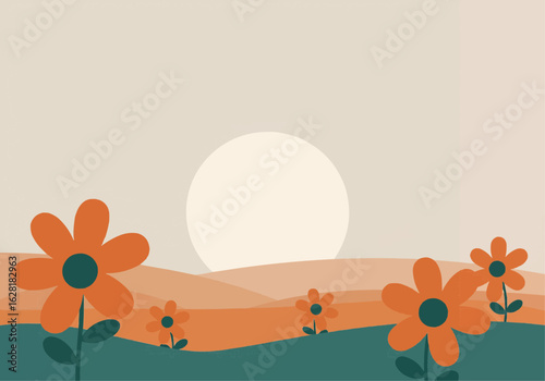Stylized illustration of orange flowers in a field with rolling hills and a large sun in a muted color palette.