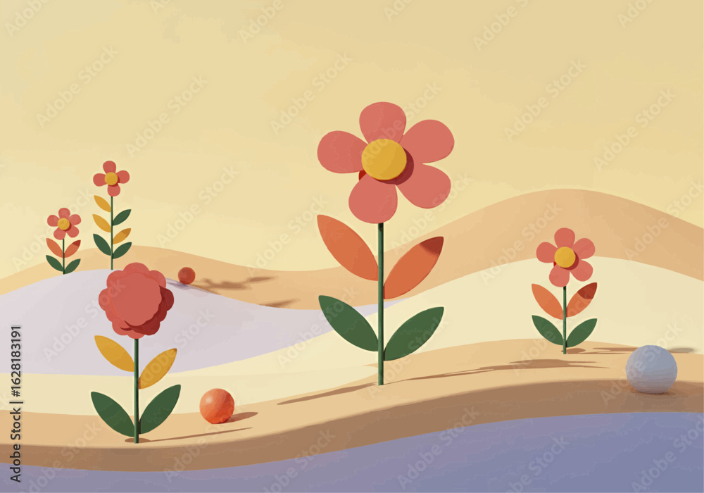 Naklejka premium Stylized flowers bloom on pastel, undulating hills in a minimalist 3D render.