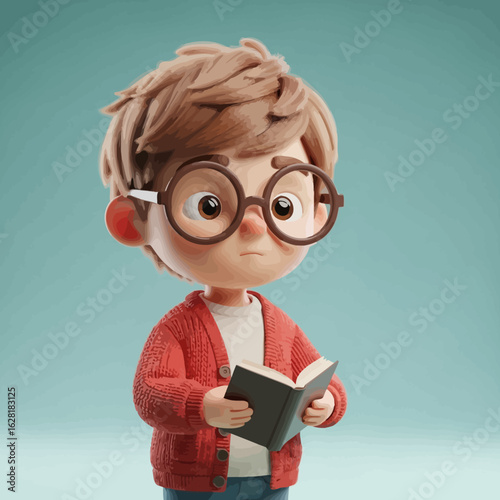 A studious 3D cartoon boy with glasses and a red cardigan reading a small book.