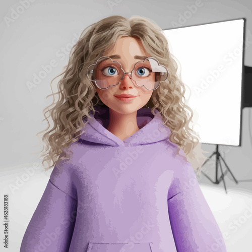 A friendly 3D animated young woman with curly blonde hair and glasses, wearing a purple hoodie, standing in a bright studio.