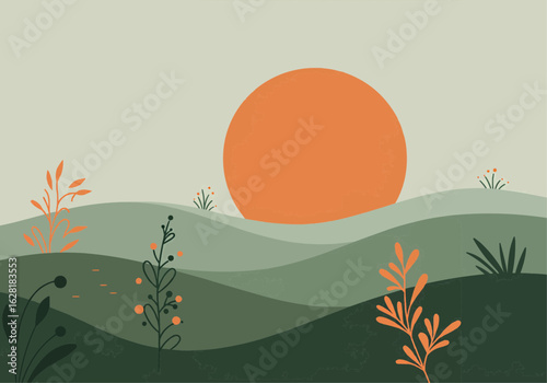 Simple, stylized illustration of a landscape at sunset with hills and plants.