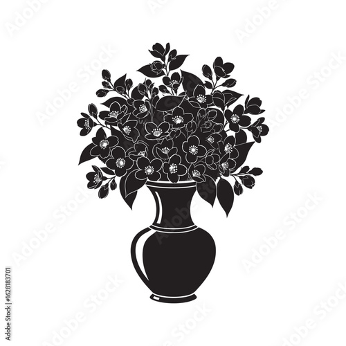 A vector silhouette of many jasmine flowers in a beautiful vase on a white background.