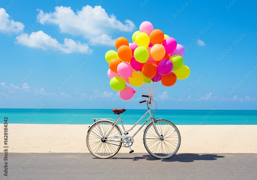 Fototapeta premium White Bicycle with Colorful Balloons on a Tropical Beach. Generative Ai