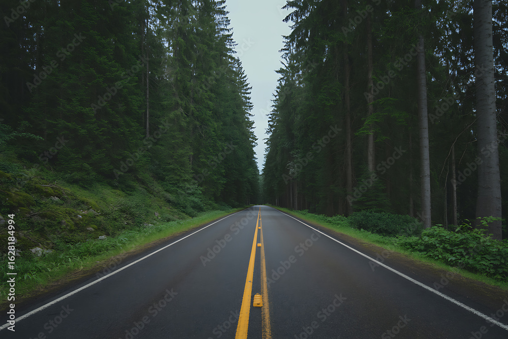 Naklejka premium Photo of empty asphalt road through a green forest with tall trees on a cloudy day