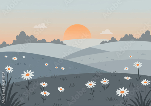 A serene, stylized illustration of a grassy field with daisies, rolling hills, and a soft sunset.