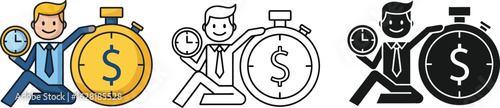 Time is money concept businessman with clock and dollar stopwatch vector