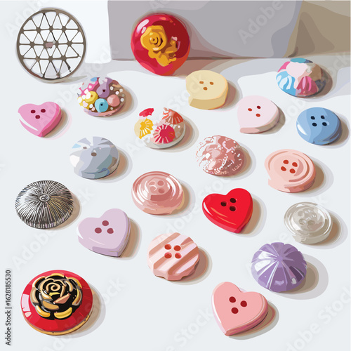 Assortment of colorful and decorative buttons on a white background sewing craft