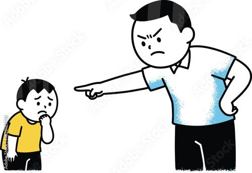 Illustration of angry father scolding sad son family conflict art vector