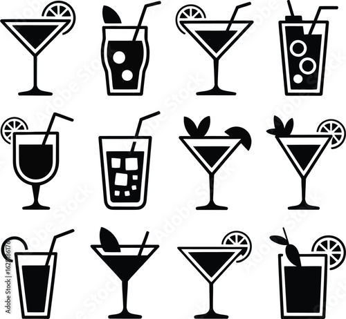 Cocktail and Drink Icons with Garnishes and Ice beverage alcohol