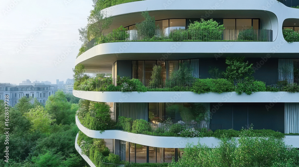 Obraz premium Eco-friendly building in the modern city. Sustainable glass office building with trees for reducing heat and carbon dioxide. Office building with green environment