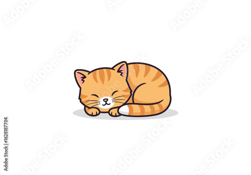 Cute cartoon ginger cat curled up in a peaceful sleep against a plain background.
