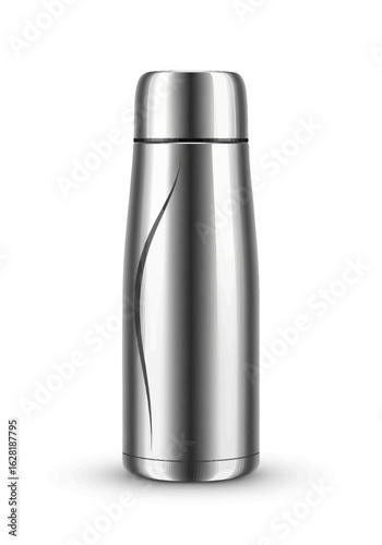 A sleek stainless steel thermos flask with a modern curved design, isolated on a white background.