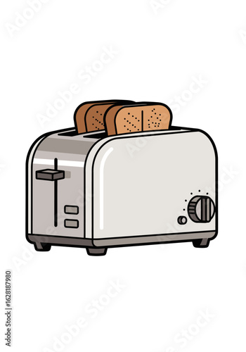 A light grey toaster with two slices of toasted bread popping up.