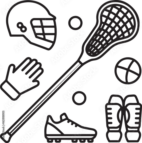 Lacrosse Essentials Outline Icons Lacrosse Stick, Lacrosse Ball, Helmet, Gloves, Goal Net, Cleats, and Protective Pads