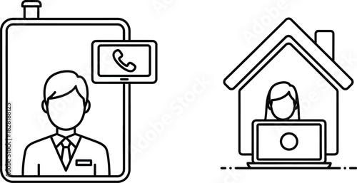 Illustration of a man a video call and a woman working from home concept of remote work, online meetings, and distance education