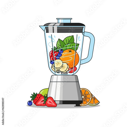 Colorful fruits and vegetables inside a modern blender, ready to be blended into a healthy smoothie.