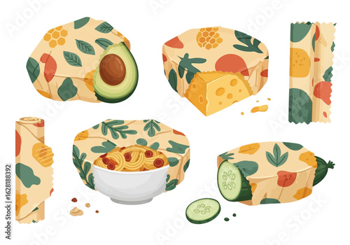 Reusable beeswax food wraps covering various foods like cheese, avocado, and a bowl of pasta, showcasing eco-friendly food storage.